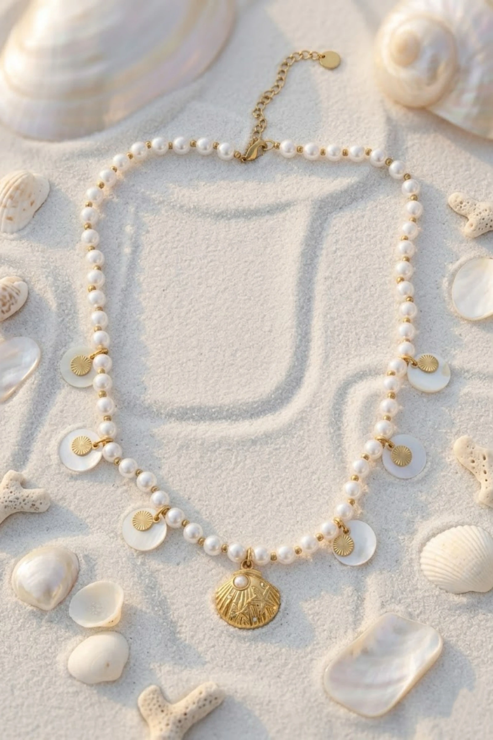 Collier Perles & Coquillage Marin en Acier Inoxydable